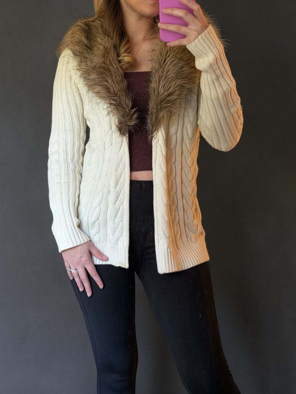 Chaps Denim Cream Cable Knit Cardigan with Faux Fur Collar